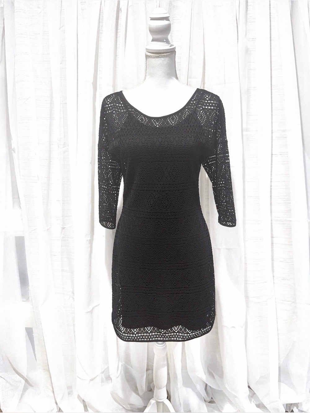 Express Black Crochet Mini Dress with Three-Quarter Sleeves